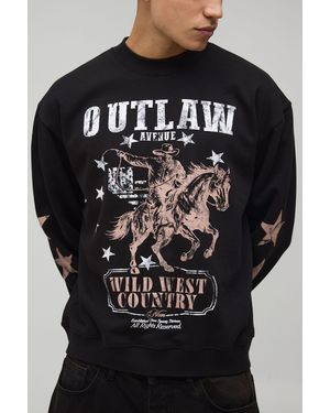 BoohooMAN Oversized Boxy Wild West Print Extended Neck Sweatshirt Cotton - Black