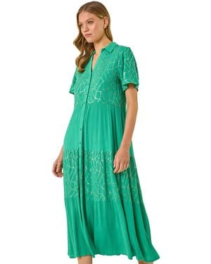 Roman Foil Print V-Neck Button Midi Dress - Green