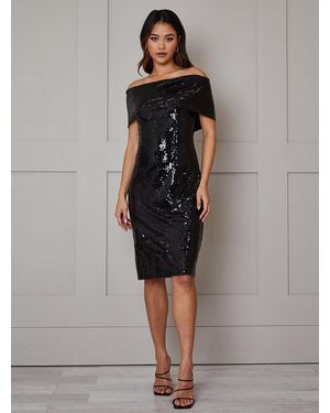 Chi Chi London Bardot Sequin Bodycon Midi Dress - Black