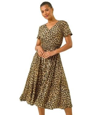Roman Animal Print Shirred Midi Dress - Metallic