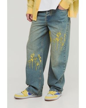 BoohooMAN Relaxed Rigid Embroidery Washed Denim Jeans - Blue
