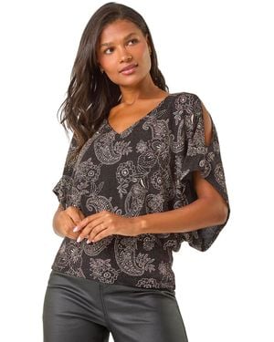 Roman Glitter Print Banded Hem Stretch Top - Black