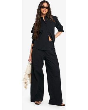 Boohoo Linen Look Drawstring Wide Leg Trousers - Blue