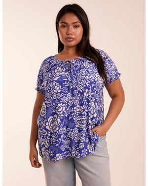Blue Vanilla Curve Shirred Sleeve Tie Front Top - Blue