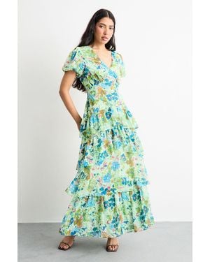 Warehouse Floral Dropped Waist Puff Sleeve Tiered Midi Dress - Green