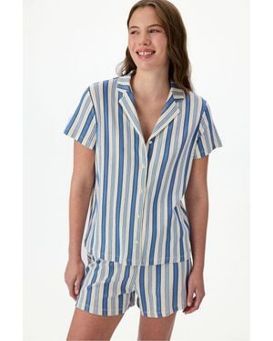 Penti Striped Pointelle Short Sleeve Shirt Shorts Pyjama Set - Blue