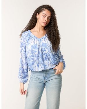 Blue Vanilla V Neck Gathered Bubble Hem Top - Blue