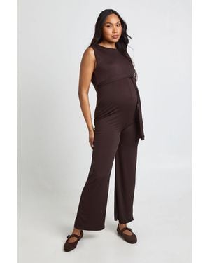 Boohoo Maternity Rib Belted Sleeveless Lounge Jumpsuit - Brown
