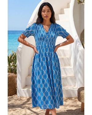 Roman Petite Print Button Front Midi Dress - Blue