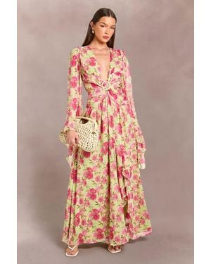 Boohoo Chiffon Floral Plunge Front Floor Sweeping Maxi Dress - Pink