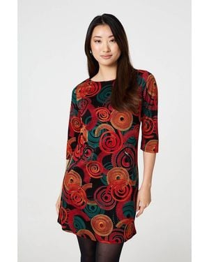 Izabel London Abstract 3/4 Sleeve Short Shift Dress - Red