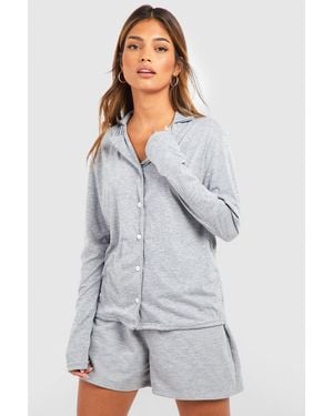 Boohoo Jersey Long Sleeve Button Up Pyjama Shirt - Grey