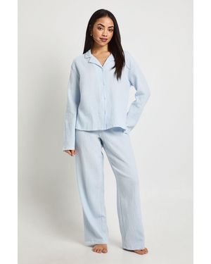 Boohoo Muslin Long Sleeve Shirt & Trouser Pyjama Set - Blue