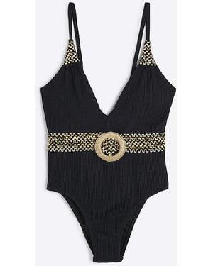 River Island Swimsuit Petite Textured Plunge Neck Nylon - Black