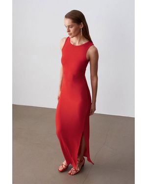 Dilvin Ribbed Sleeveless Bodycon Maxi Dress - Red