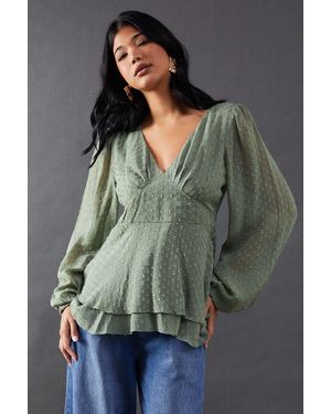 Warehouse Plunge Neck Dobby Chiffon Double Layer Blouse - Grey