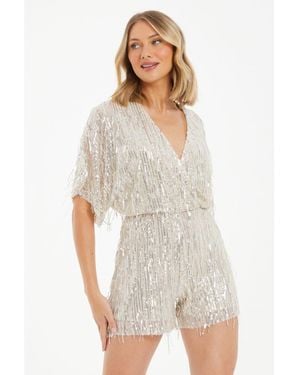 Quiz Champagne Sequin Tassel Playsuit - White