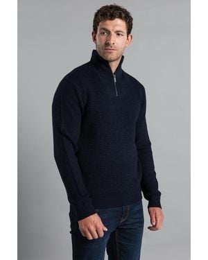 Kensington Eastside Dark Waffle Knit Jumper With 1/4 Zip Funnel Neck - Blue