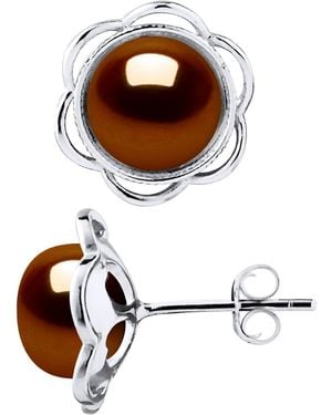 Diadema Stud Earrings Flower Beads Freshwater 8-9Mm Chocolate Buttons 925 - Brown