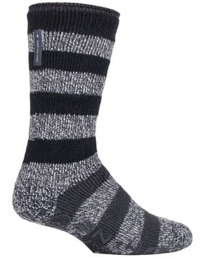 Heat Holders Striped Fleece Lined Non Slip Thick Slipper Socks - Blue