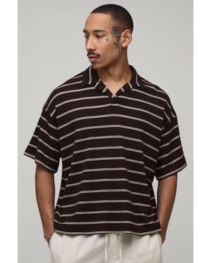 BoohooMAN Oversized Striped Waffle Revere Polo - Black