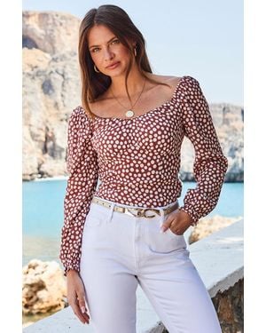 Sosandar Spot Print Sweetheart Neckline Ruched Top Viscose - White
