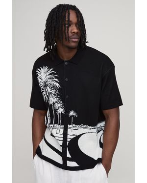 BoohooMAN Tall Relaxed Palm Scenic Jacquard Knitted Shirt - Black