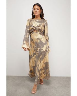 Warehouse Petite Metallic Marble Twist Front Bias Midi Dress - Natural
