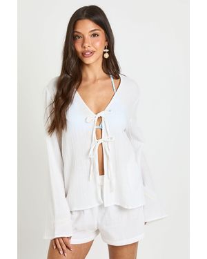 Boohoo Tie Front Detail Top & Short Beach Co Ord - White
