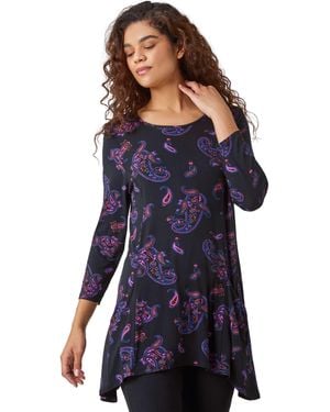Roman Paisley Pocket Detail Stretch Tunic Swing Top - Blue