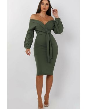 Femme Luxe Belted Bodycon Midi Wrap Dress - Green