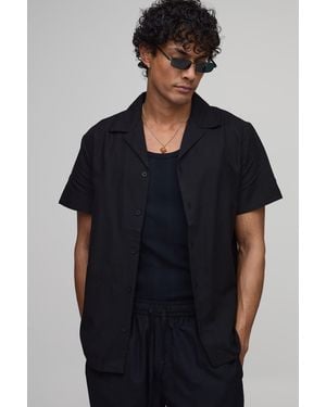 BoohooMAN Regular Fit Short Sleeve Linen Blend Shirt - Black