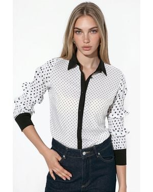 Msn-Collection Polka Dot Woven Button T-Shirt - White