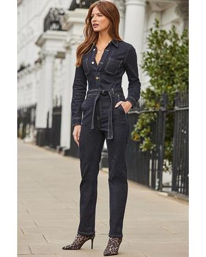 Sosandar Dark Relaxed Fit Denim Jumpsuit - Blue