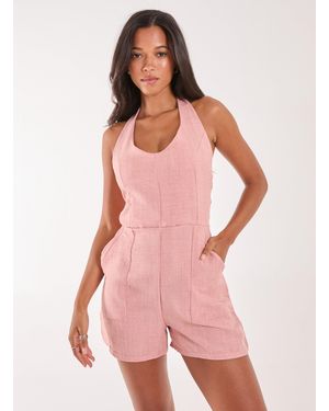 Pink Vanilla Linen Style Halter Playsuit - Pink
