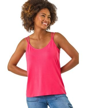 Roman Plain Double Strap V-Neck Stretch Vest Top - Pink
