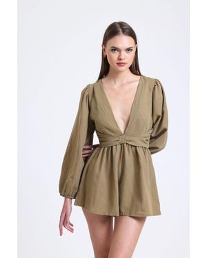 Hiccup Linen Plunge Neck Long Sleeve Playsuit With A Back Cut Out - Green