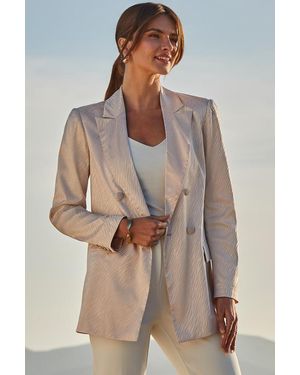 Sosandar Champagne Animal Jacquard Satin Double Breasted Blazer - Brown