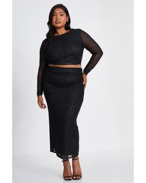 Quiz Curve Glitter Mesh Midaxi Skirt - Black