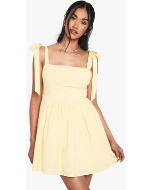 Boohoo Cotton Ruched Bust Shoulder Tie Mini Dress - Natural