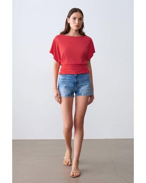 Dilvin Modal Blend Cut-Out Crew Neck Blouse - Red