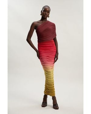 Karen Millen Ombre One Shoulder Mesh Jersey Maxi Dress - Red