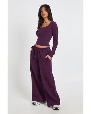 Boohoo Petite Scoop Neck Long Sleeve Top And Straight Leg Jogger Tracksuit - Purple