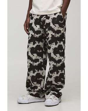 BoohooMAN Wide Leg Washed Cow Tapestry Trouser - Brown