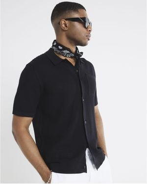 River Island Regular Fit Short Sleeve Crochet Shirt Cotton - Black
