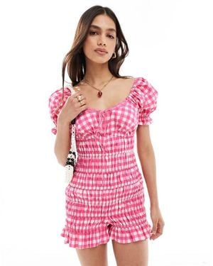 ASOS Elasticated Channel Lace Trim Bow Playsuit - Pink