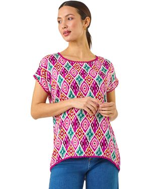 Roman Ikat Print Bobble Trim Tee - Red