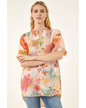 Roman Floral Print Embellished V-Neck Top - Orange
