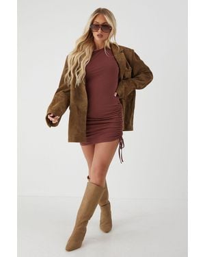 MissPap Off Shoulder Ruched Mini Dress - Brown