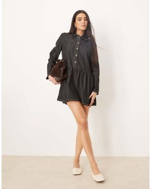 ASOS Denim Smock Mini Dress With Dropped Waist - Black
